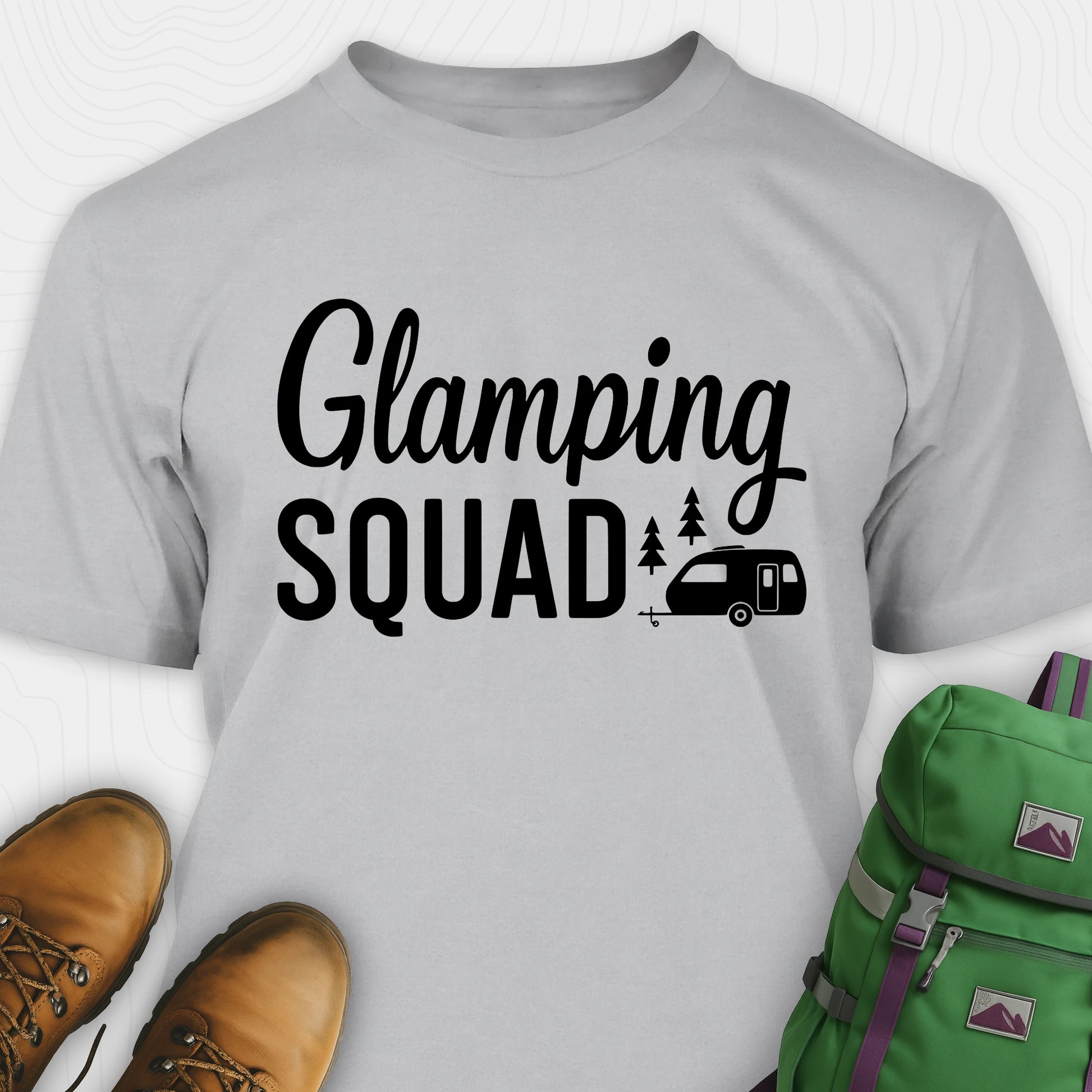Gray glamper shirt with cute camper and trees design and "Glamping squad" text