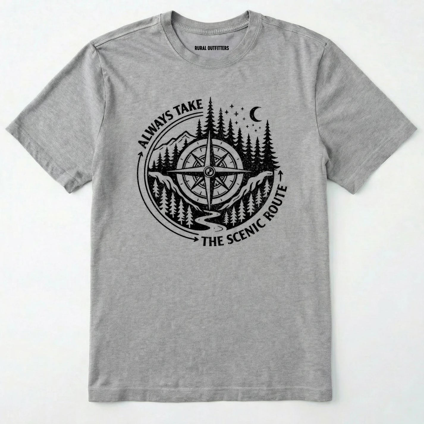 Sport Grey always take the scenic route t-shirt with compass graphic and text on a white background.