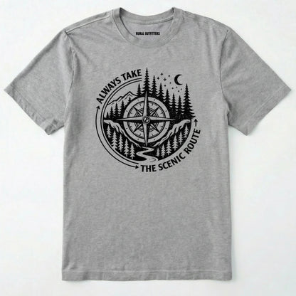 Sport Grey always take the scenic route t-shirt with compass graphic and text on a white background.