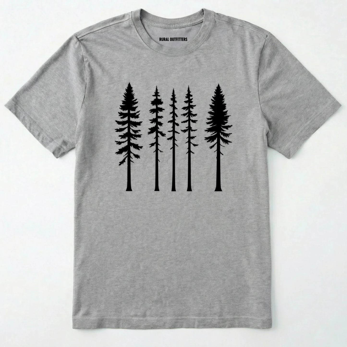 Sport Grey pine t-shirt with minimalist black tree silhouettes on a white background.