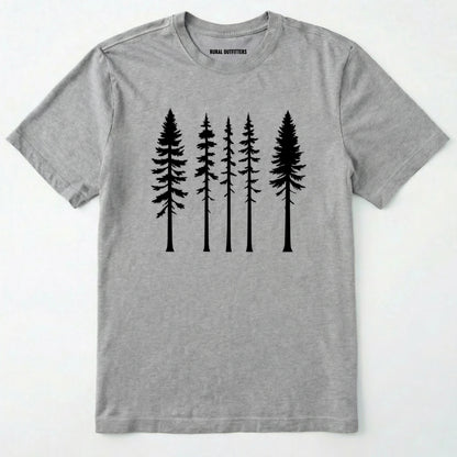 Sport Grey pine t-shirt with minimalist black tree silhouettes on a white background.