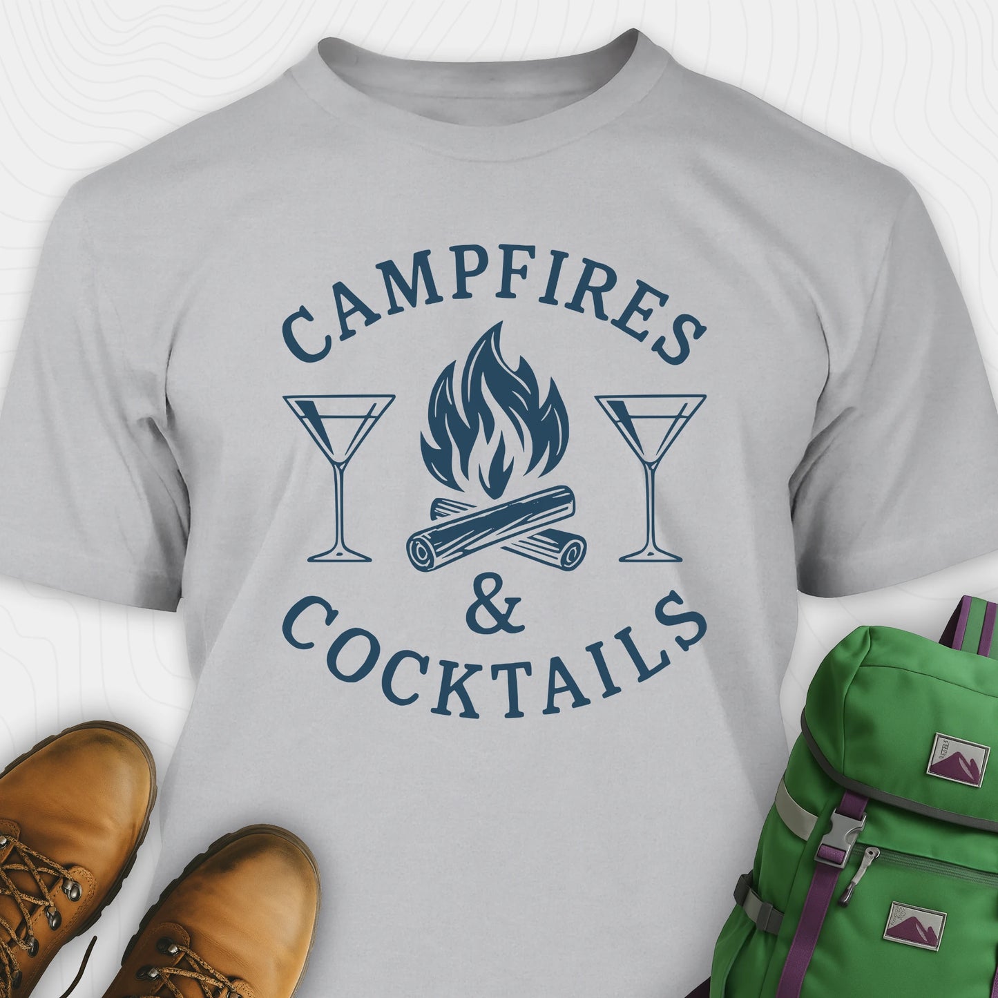Gray campfires and cocktails shirt with martini glasses and campfire