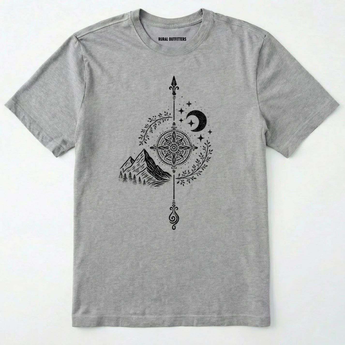 Sport Grey women's hiking shirt with a white graphic design of a compass, moon, and mountains on a white background.