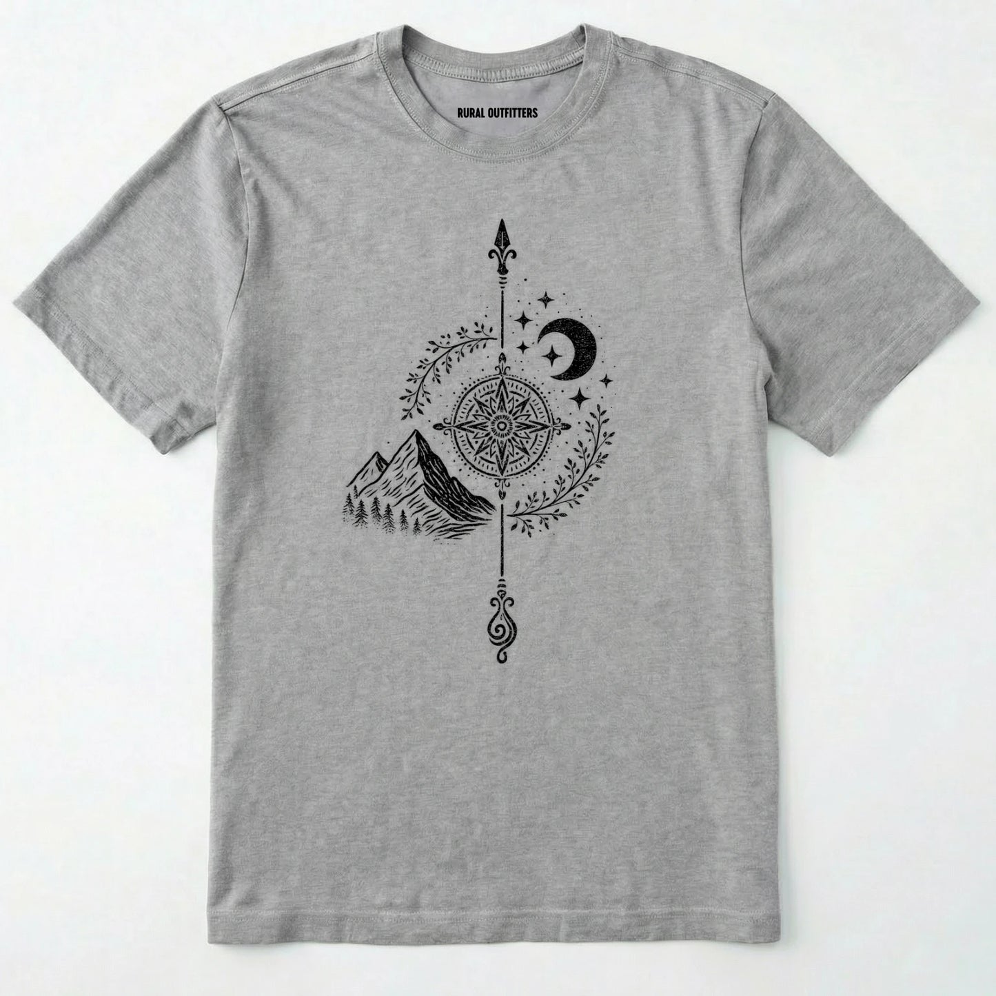 Sport Grey women's hiking shirt with a white graphic design of a compass, moon, and mountains on a white background.