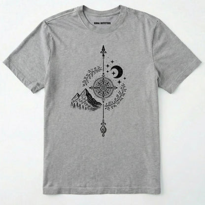Sport Grey women's hiking shirt with a white graphic design of a compass, moon, and mountains on a white background.
