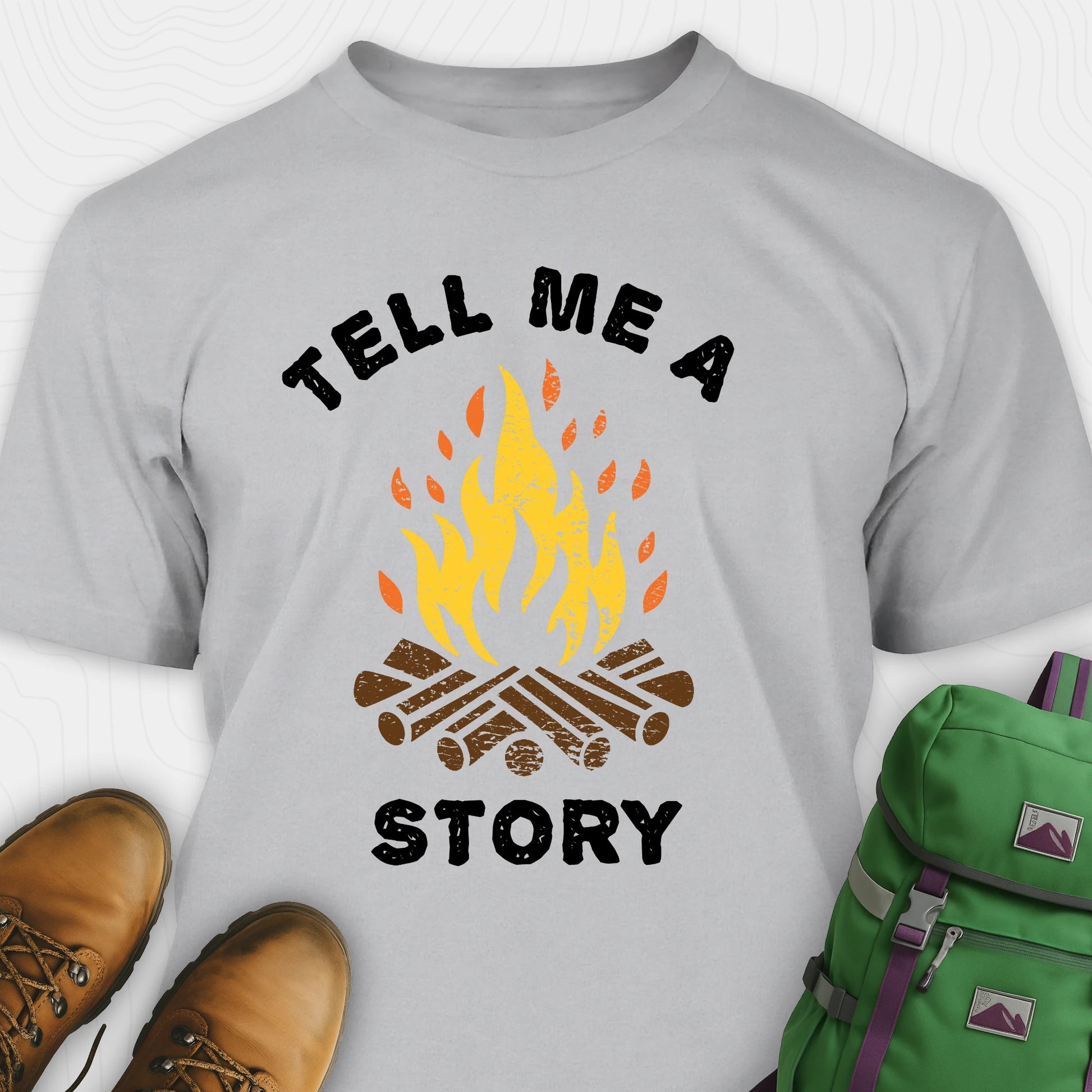 Grey bonfire tee with campfire graphic