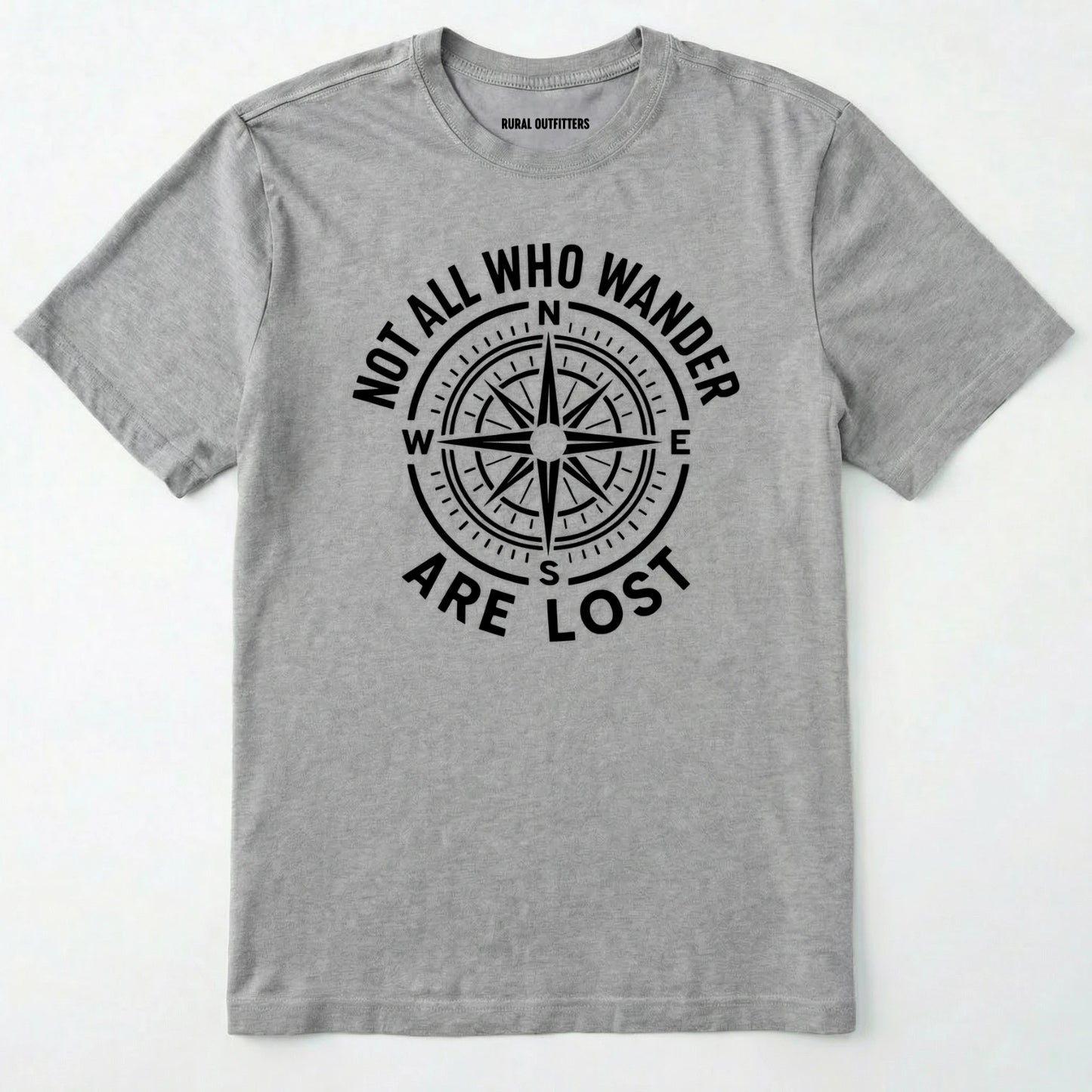 Sport Grey not all who wander are lost t-shirt with compass design and text on a white background.