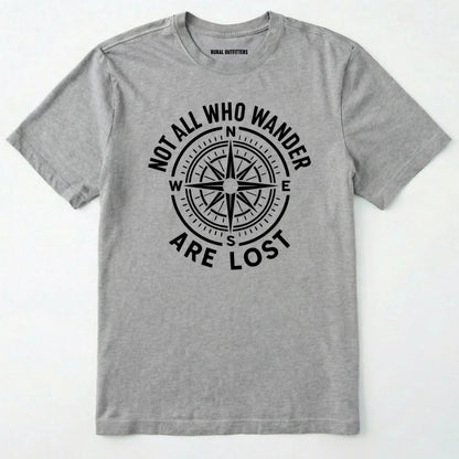 Sport Grey not all who wander are lost t-shirt with compass design and text on a white background.