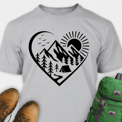 Grey nature t-shirt featuring heart graphic with mountains, trees, and tent illustration
