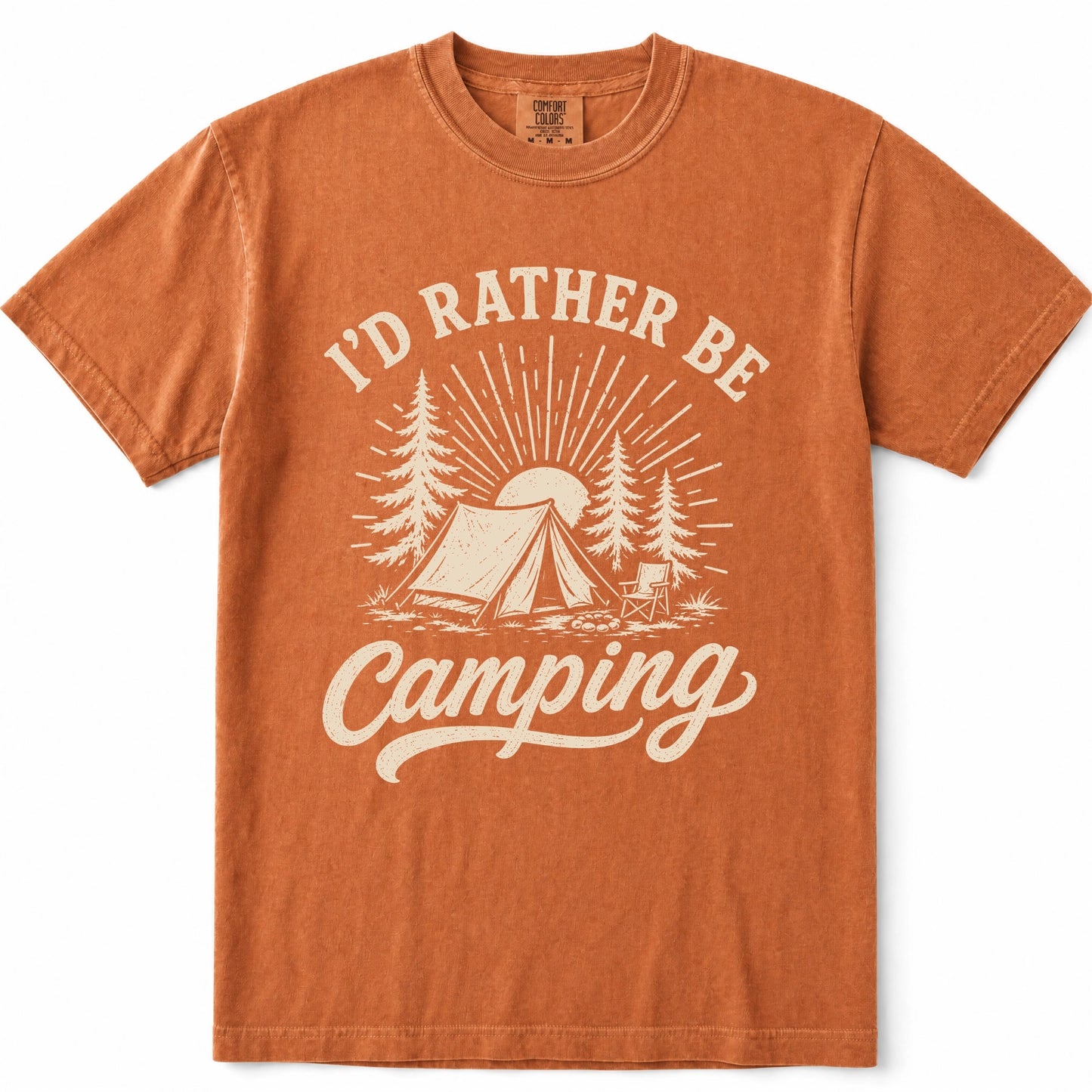 Yam short-sleeve crewneck t-shirt with a cream-colored graphic on the front that reads 'I'D RATHER BE Camping' with an illustration of a tent, trees, and a sun.