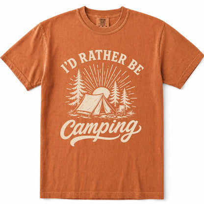 Yam short-sleeve crewneck t-shirt with a cream-colored graphic on the front that reads 'I'D RATHER BE Camping' with an illustration of a tent, trees, and a sun.