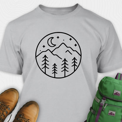 Grey moon and stars shirt with minimalist mountain and forest design
