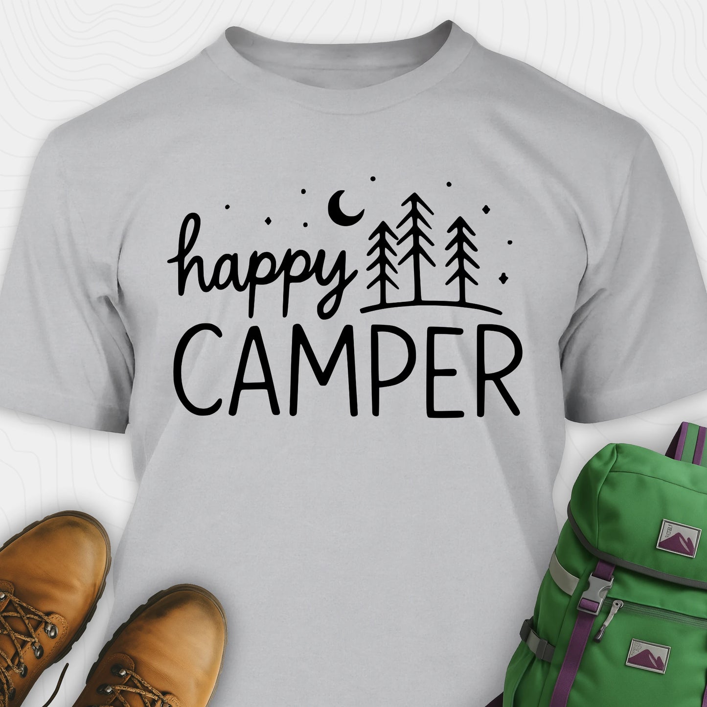 Gray women’s happy camper shirt with trees and moon graphic