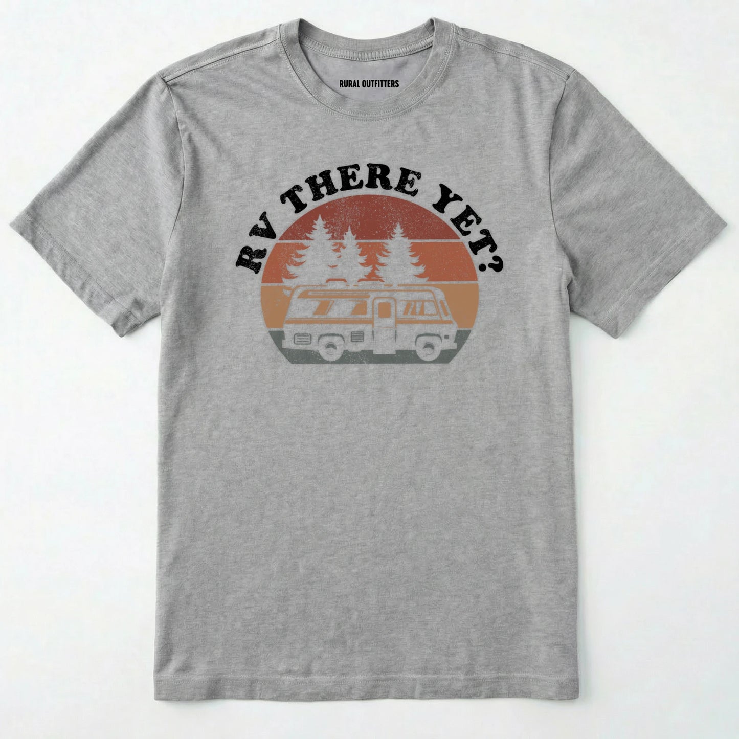 Sport Grey rv there yet shirt with retro rv, pine trees and sunset graphic on a white background.