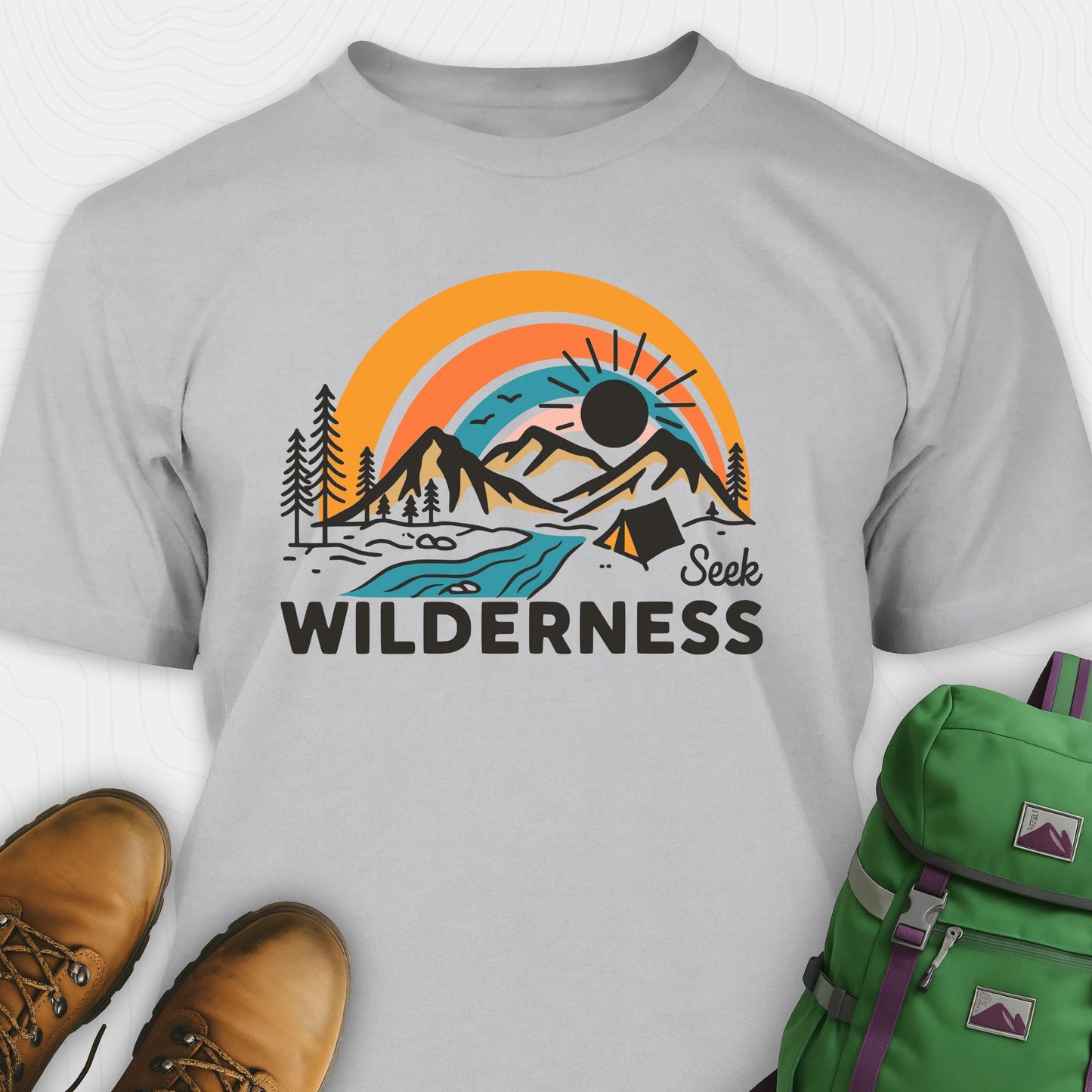 Grey vintage camping shirt with retro sunset and mountain design