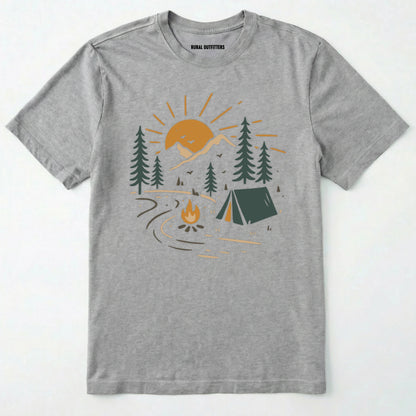 Sport Grey wilderness explorer shirt with sunset campfire scene with tent, trees, and mountains design on a white background.