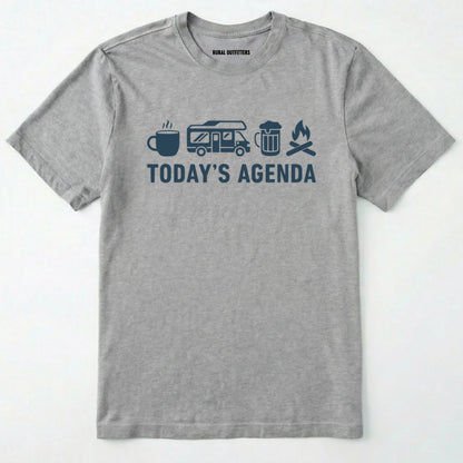 Sport Grey rv life shirt with coffee, rv beer and campfire icons with 'today's agenda' text on a white background.