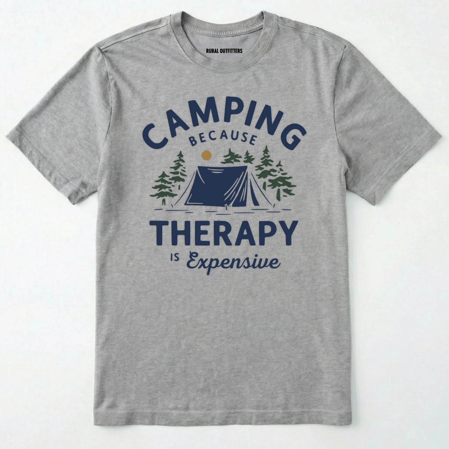 Sport Grey camping therapy shirt with a tent and pine trees design and "camping because therapy is expensive" text on a white background.
