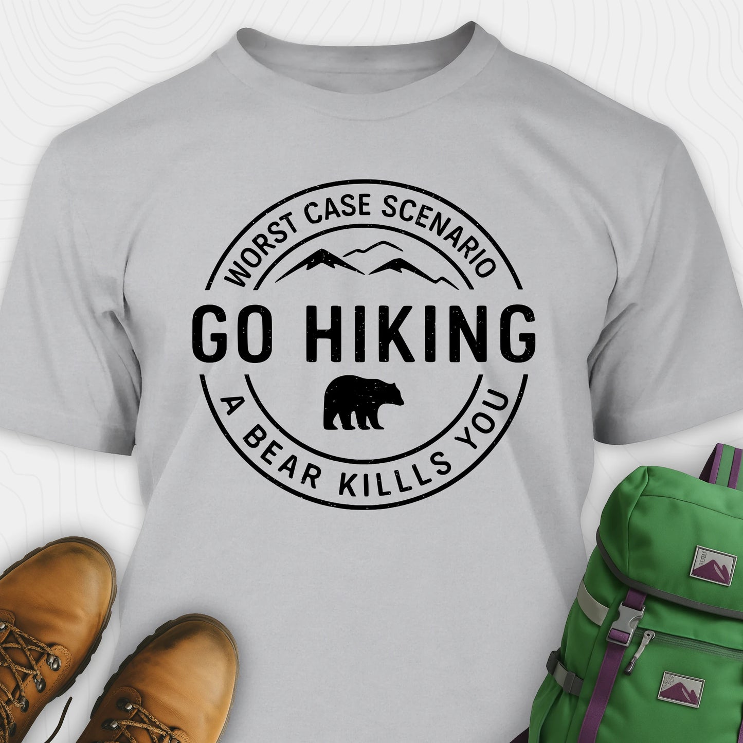 Gray funny hiking shirt with circular go hiking graphic and bear illustration