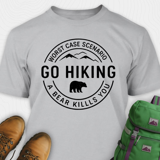 Gray funny hiking shirt with circular go hiking graphic and bear illustration