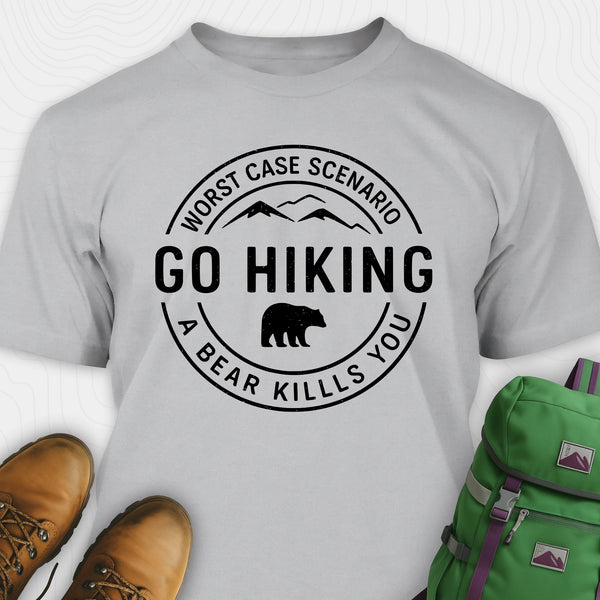 Gray funny hiking shirt with circular go hiking graphic and bear illustration