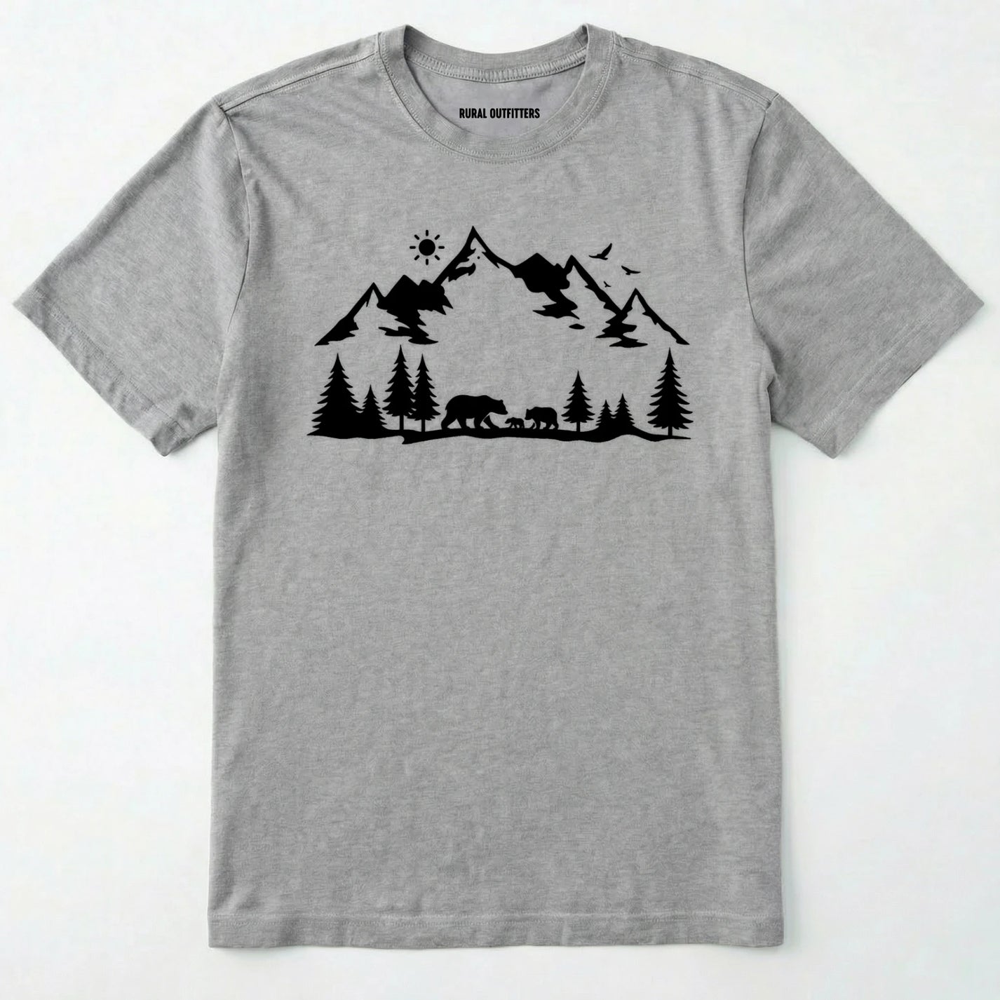 Sport Grey wildlife t-shirt with white mountain and bear design, on a plain white background.
