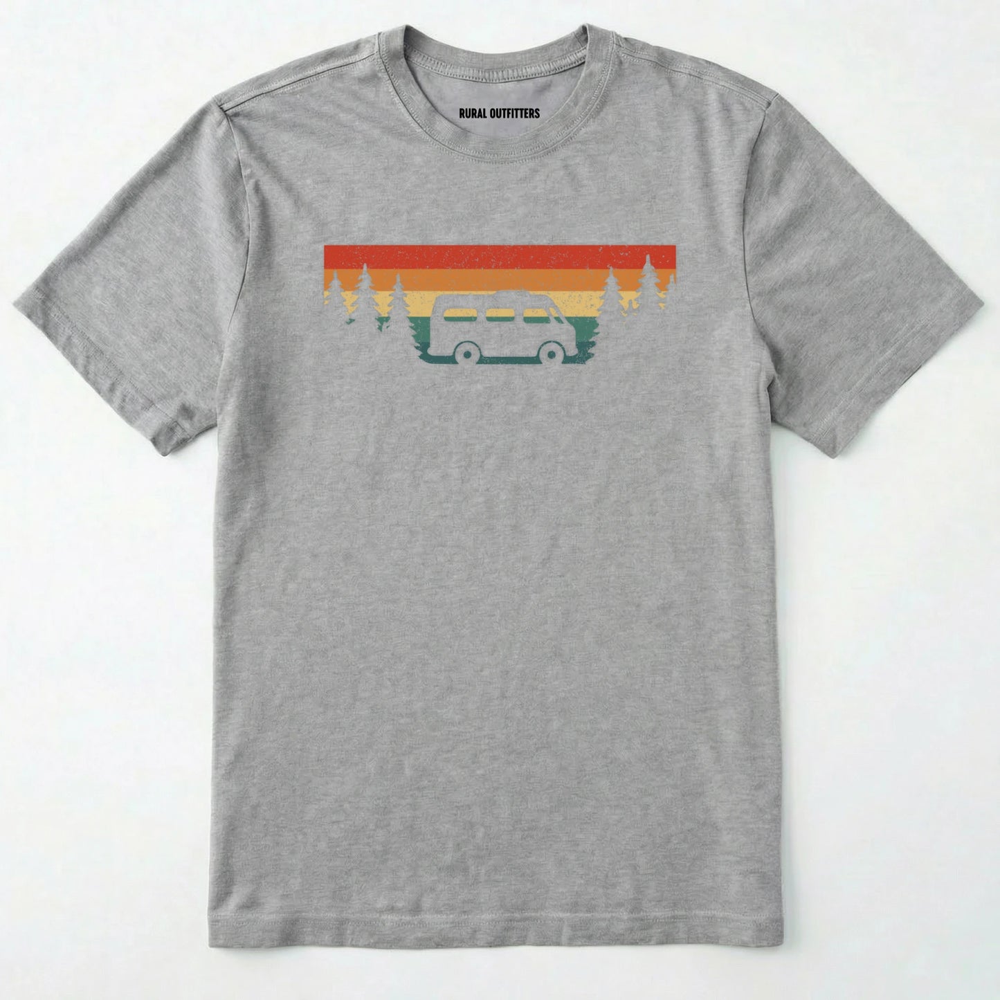 Sport Grey retro camp shirt featuring forest silhouette and van design on a white background