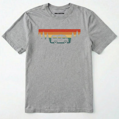 Sport Grey retro camp shirt featuring forest silhouette and van design on a white background