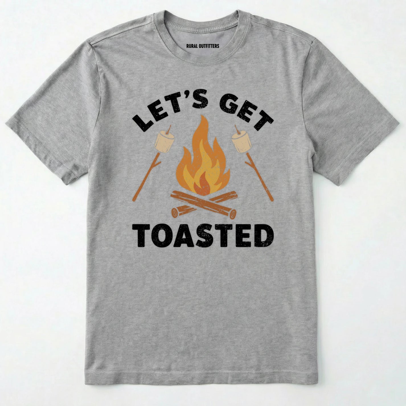 Sport Grey let⊙s get toasted shirt with campfire and roasting marshmallow graphic on a white background