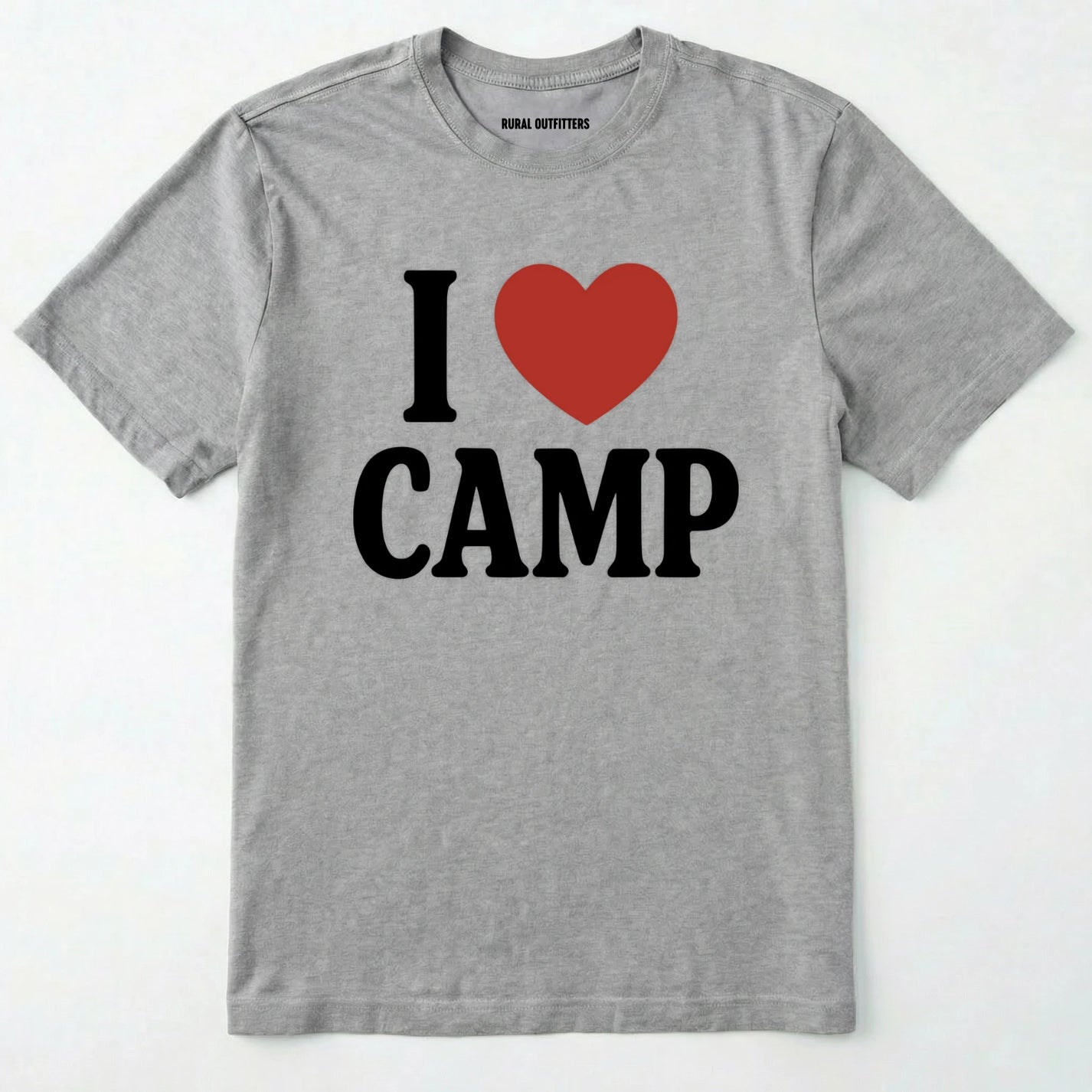 Sport Grey i love camp t-shirt with bold text and heart design on a white background.