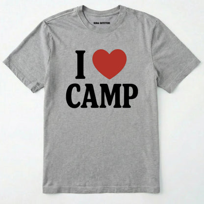 Sport Grey i love camp t-shirt with bold text and heart design on a white background.