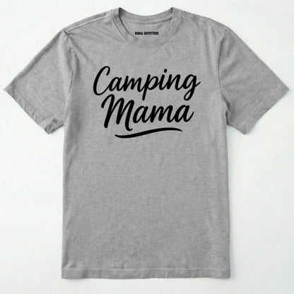 Sport Grey camping mama shirt with script design on a white background.