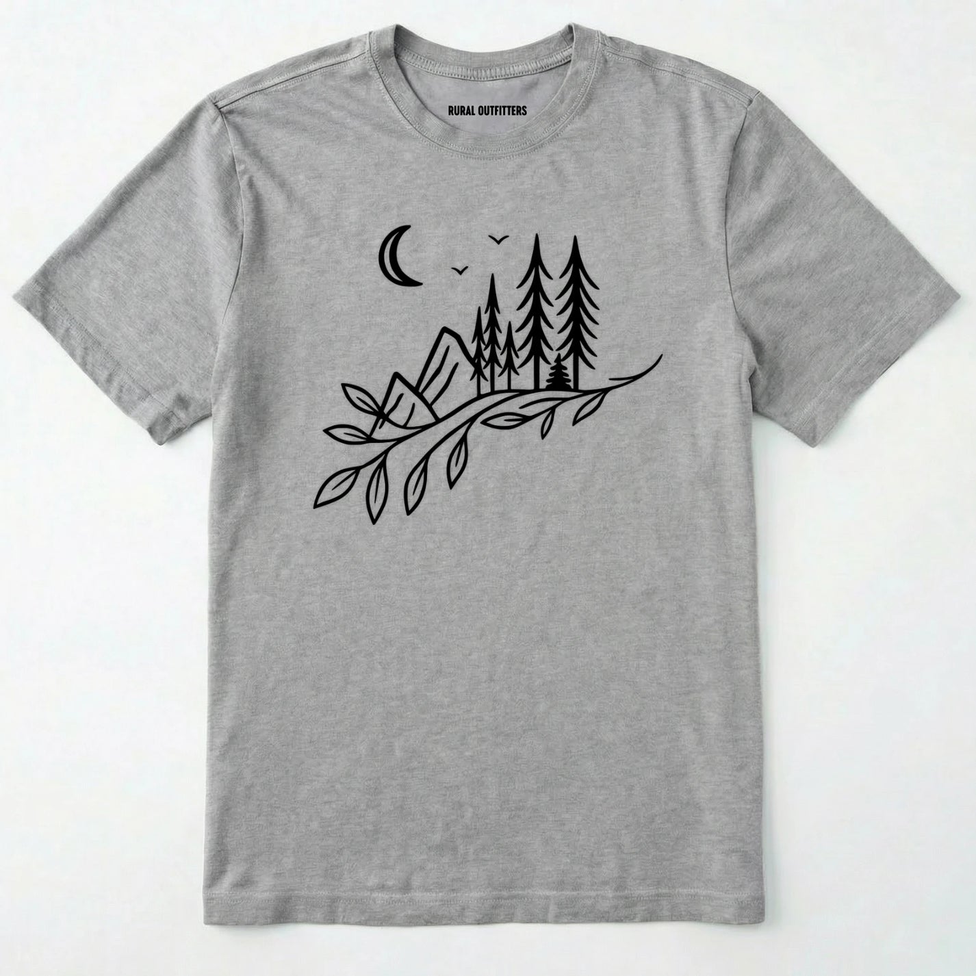 Sport Grey nature graphic t-shirt showing mountains, pine trees, and moon line art on a white background.