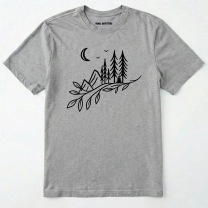 Sport Grey nature graphic t-shirt showing mountains, pine trees, and moon line art on a white background.