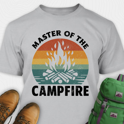 Grey master of the campfire t-shirt with retro sunset and flame graphic