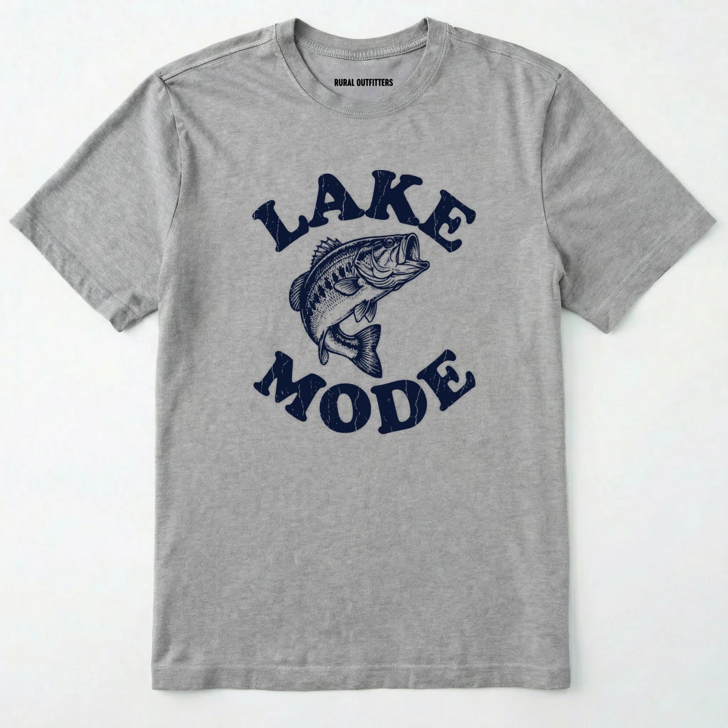 Sport Grey fishing t-shirt with 'lake mode' text and fish graphic on a white background