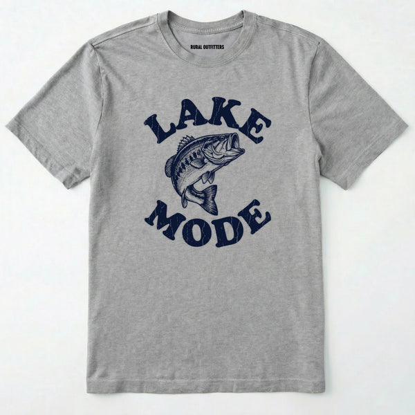Sport Grey fishing t-shirt with 'lake mode' text and fish graphic on a white background