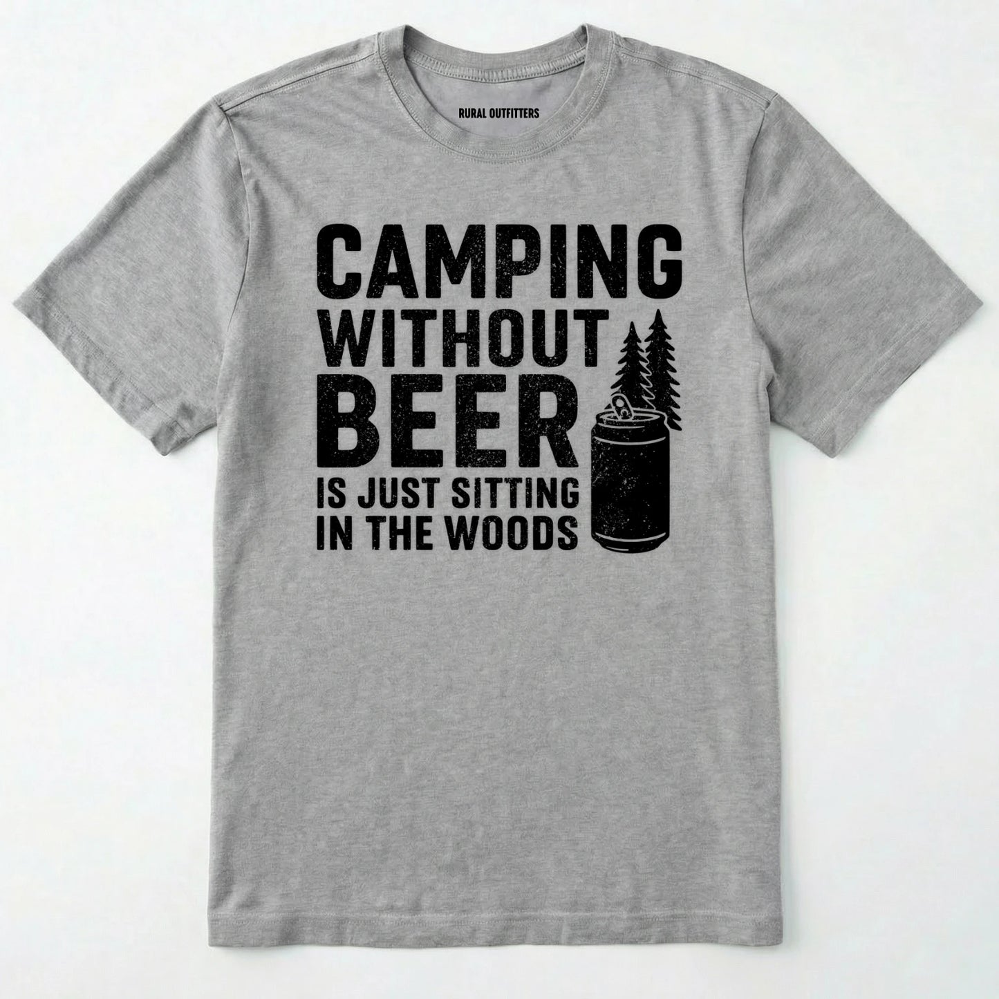 Sport Grey camping without beer is just sitting in the woods shirt with a beer can and a pine tree design on a white background.