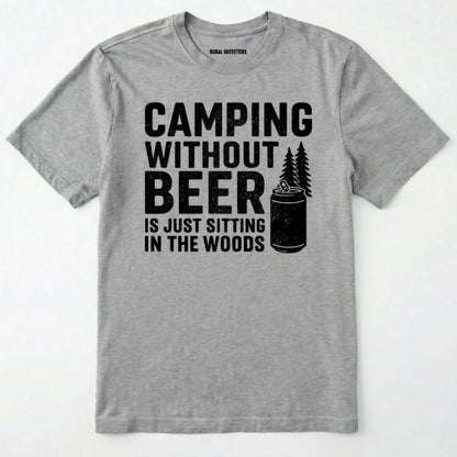 Sport Grey camping without beer is just sitting in the woods shirt with a beer can and a pine tree design on a white background.