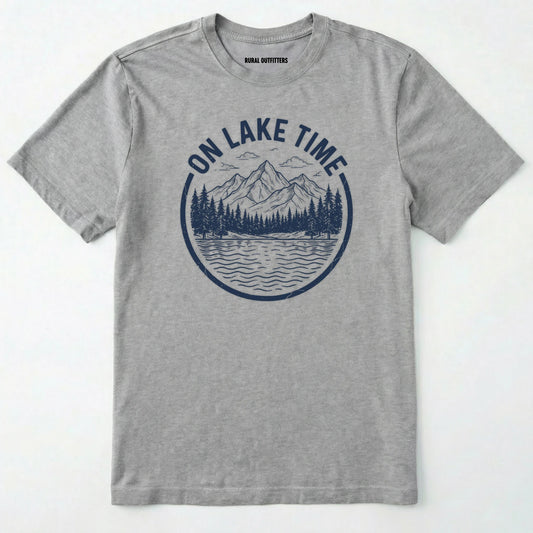 Sport Grey t-shirt with 'on lake time' graphic design on a white background