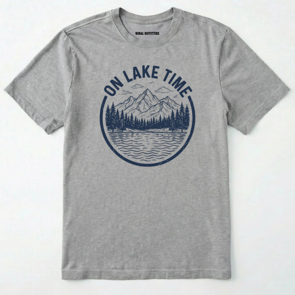 Sport Grey t-shirt with 'on lake time' graphic design on a white background