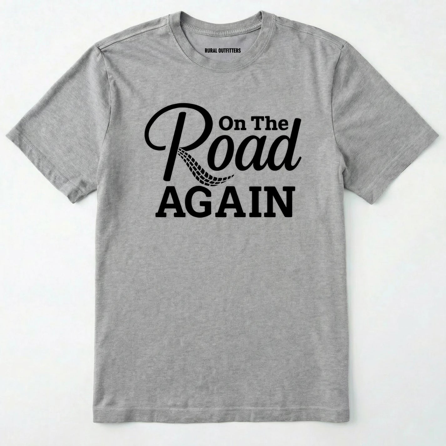 Sport Grey road trip t-shirt with ⊜on the road again⊝ text on a white background.