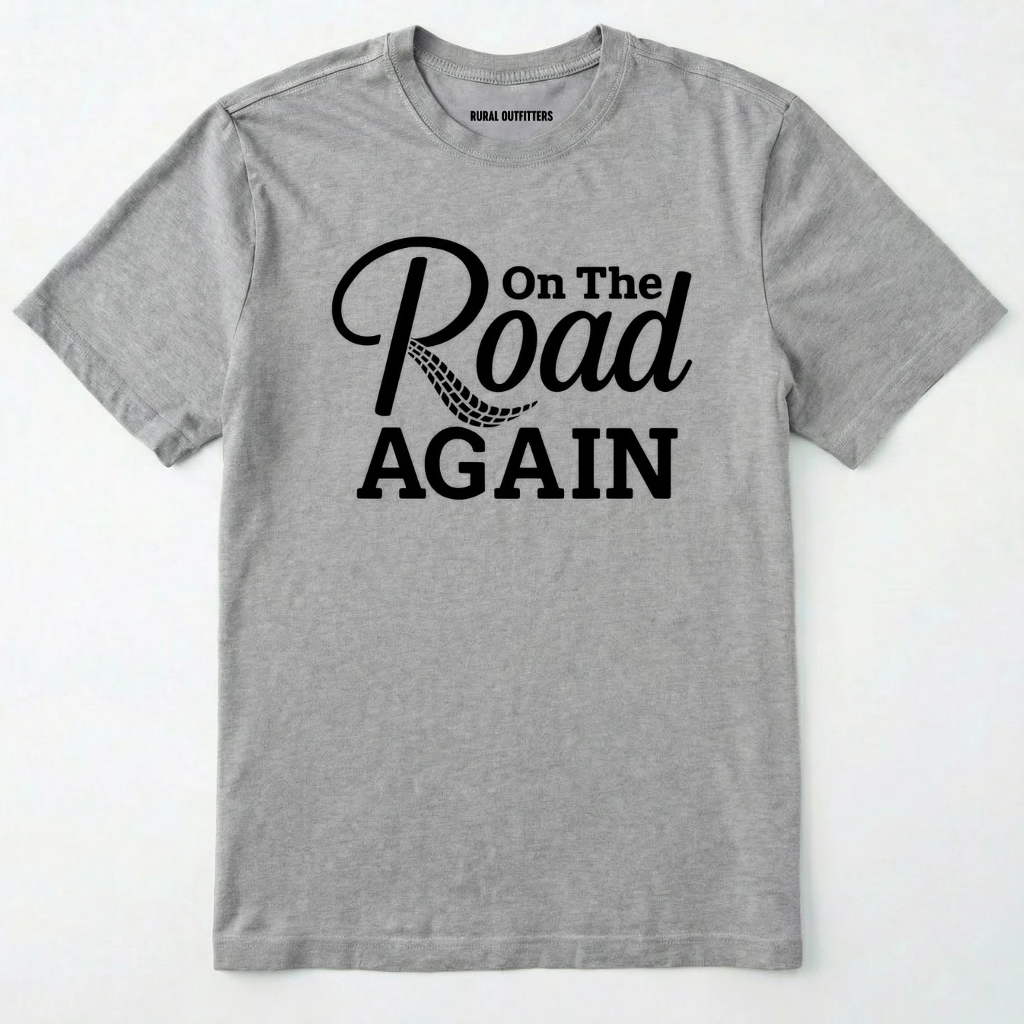 Sport Grey road trip t-shirt with ⊜on the road again⊝ text on a white background.