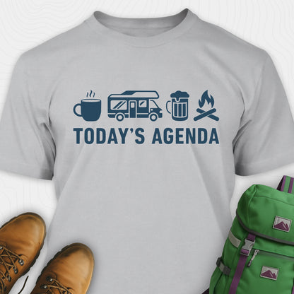 Grey RV life shirt with coffee, RV beer and campfire icons