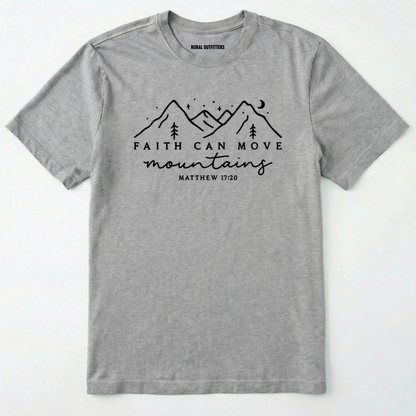 Sport Grey faith can move mountains shirt with mountain scripture design on a white background.