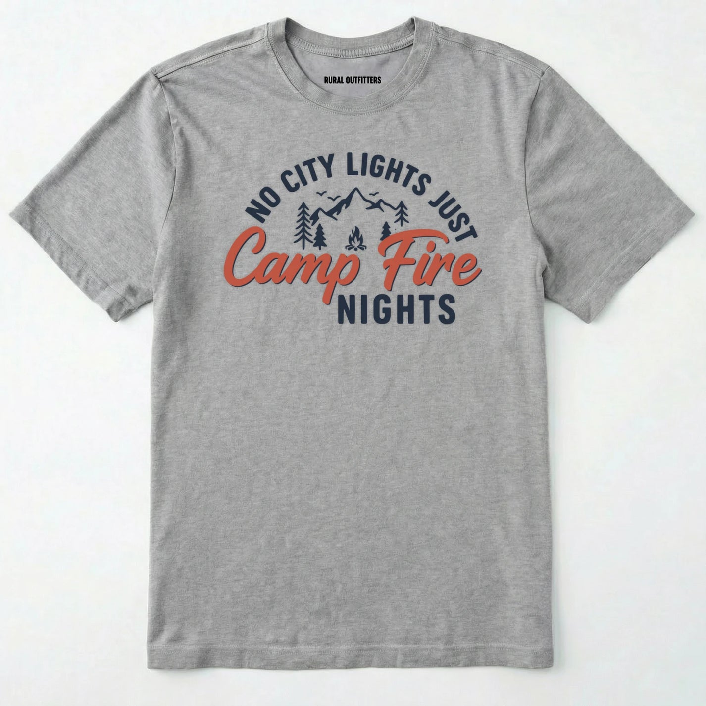 Sport Grey campfire shirt with mountains and trees design and "no city lights just campfire nights" text on a white background.