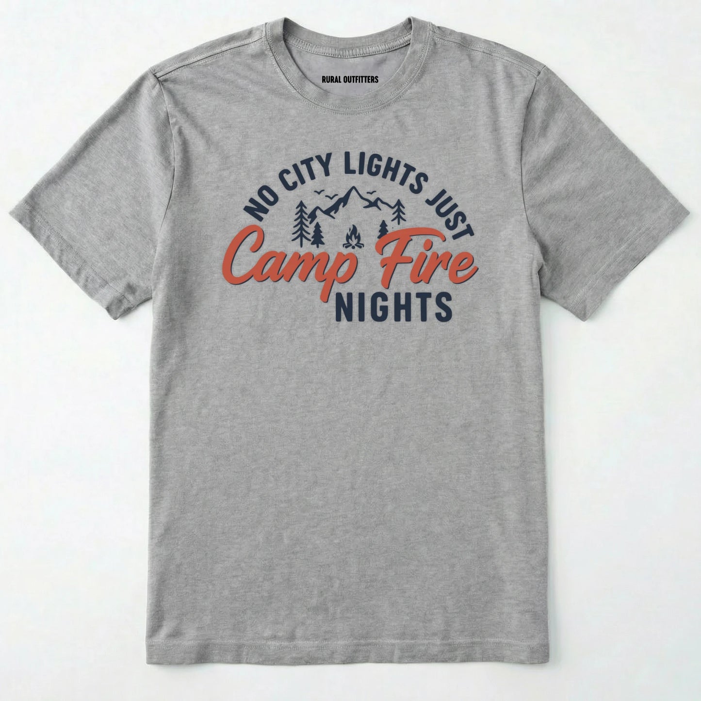 Sport Grey campfire shirt with mountains and trees design and "no city lights just campfire nights" text on a white background.