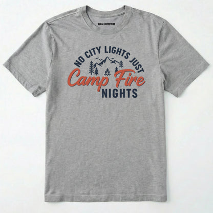 Sport Grey campfire shirt with mountains and trees design and "no city lights just campfire nights" text on a white background.