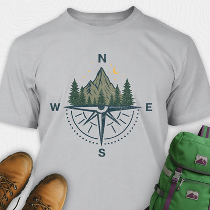 Gray compass shirt with mountains and pine trees design
