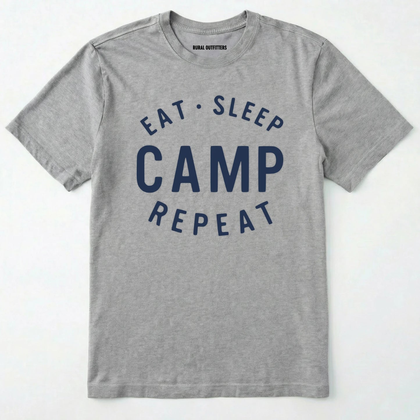 Sport Grey eat sleep camp repeat t-shirt with bold text on a white background.